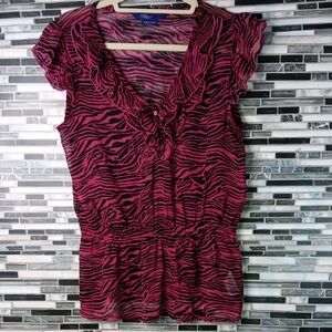 Miley Cyrus Max Azria Y2K Hot Pink Zebra Print Ruffle Sheer Blouse Large